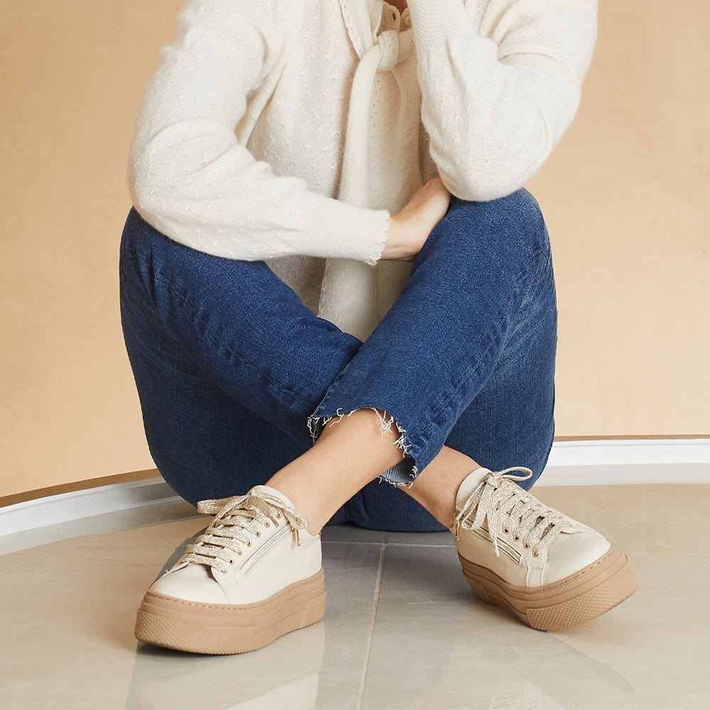 Diva Cream Leather Wide Fit Sneakers in Cream Sole Bliss Sole