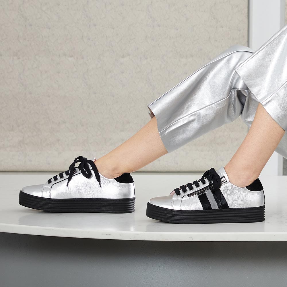 Shoes Harley Stripe: Silver Leather & Black Pony Sole Bliss USA