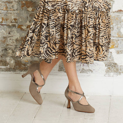 Shoes Meredith: Taupe Suede & Snake Print Leather Sole Bliss USA