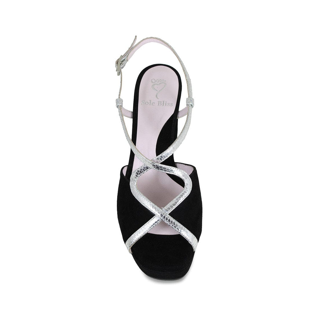 Rachel Black Suede & Silver Snake Best High Heel Sandal for Bunions