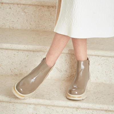 Boots Runway: Taupe Patent Leather Sole Bliss USA