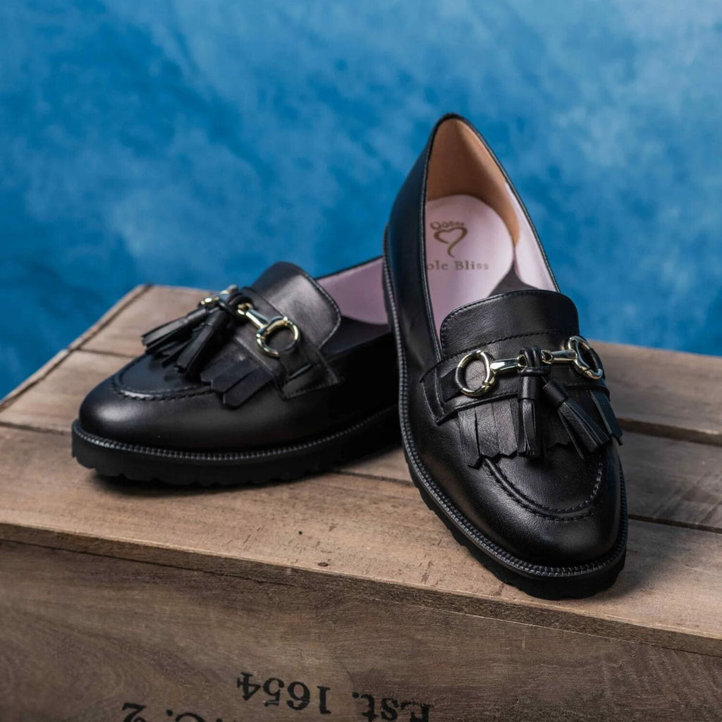 Sole Bliss Women's Wide Fitting Loafers With Buckle and Tassel In Black Leather - Size US 8 - Comfortable Loafers For Bunions and Wide Feet Sole Bliss Women's Wide Fitting Loafers With Buckle and Tassel In Black Leather - Size US 8 - Comfortable Loafers For Bunions and Wide Feet
