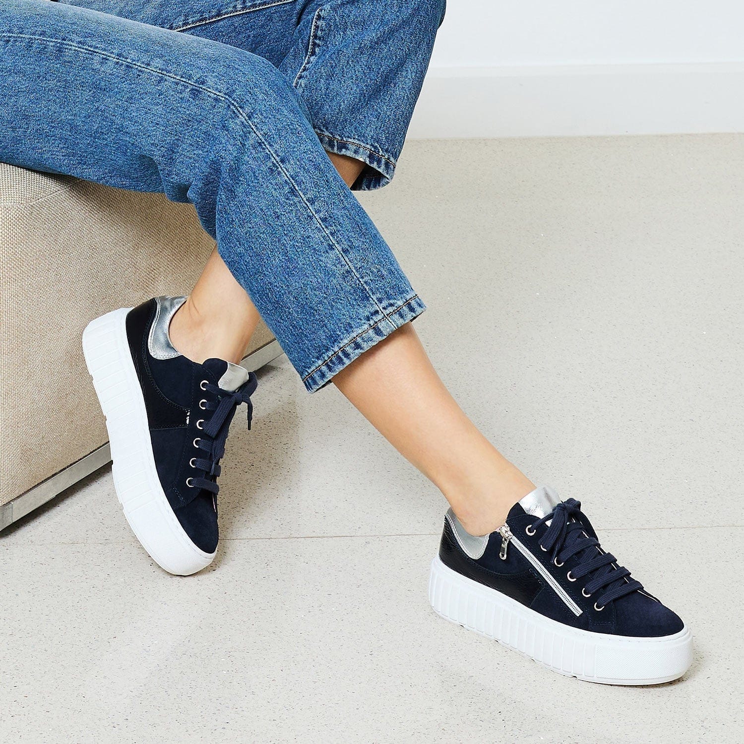 Shoes Tempo: Navy Suede, Patent & Silver Sole Bliss USA