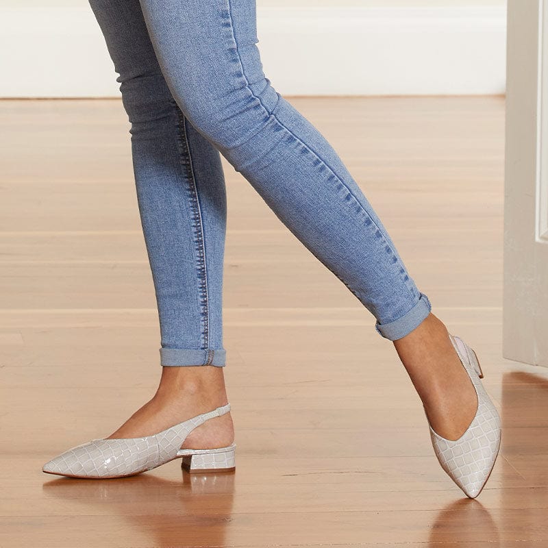 Sienna: Pale Grey Croc Patent Leather Shoes Sole Bliss