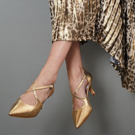Cecilia: Gold Snake Print Leather Shoes Sole Bliss