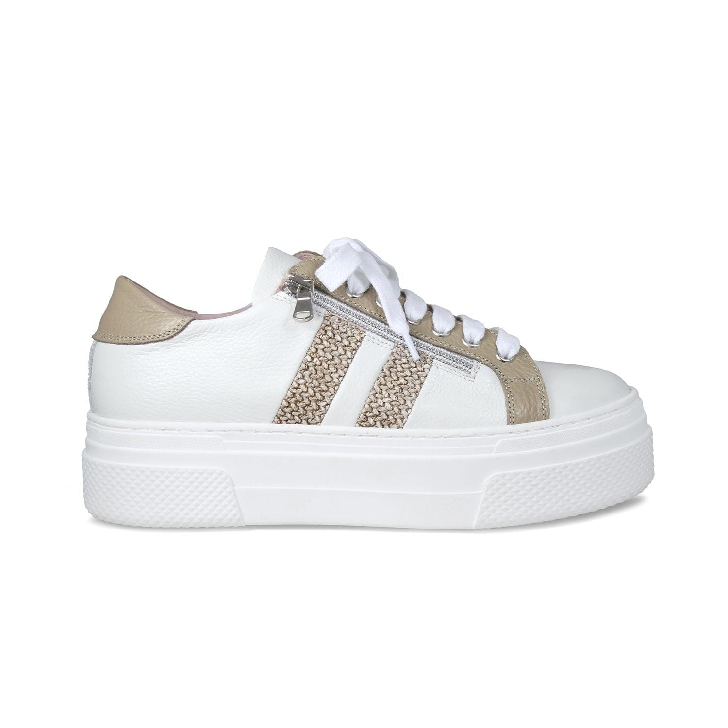 Diva: White Leather & Taupe Raffia Shoes Sole Bliss