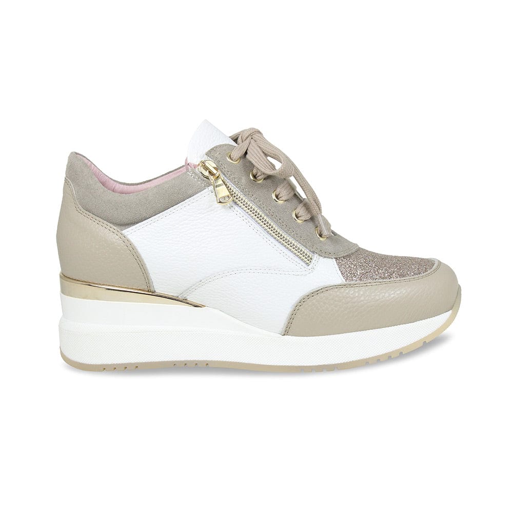 Electra: Taupe & White Leather - Wide Fit Wedge Sneakers | Sole Bliss ...