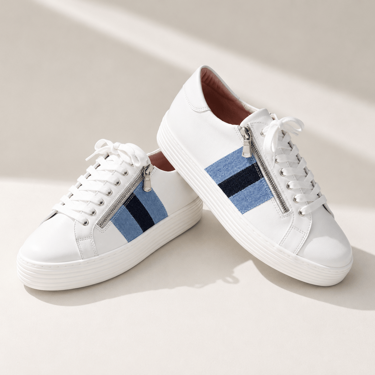 Hero-Stripe: White Leather & Multi Denim Shoes Sole Bliss
