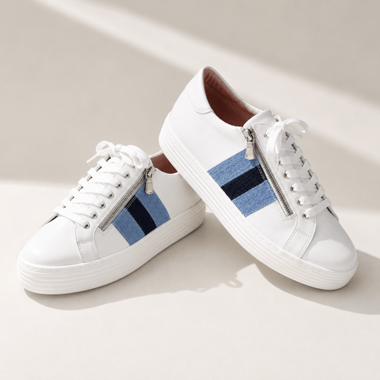Hero-Stripe: White Leather & Multi Denim Shoes Sole Bliss