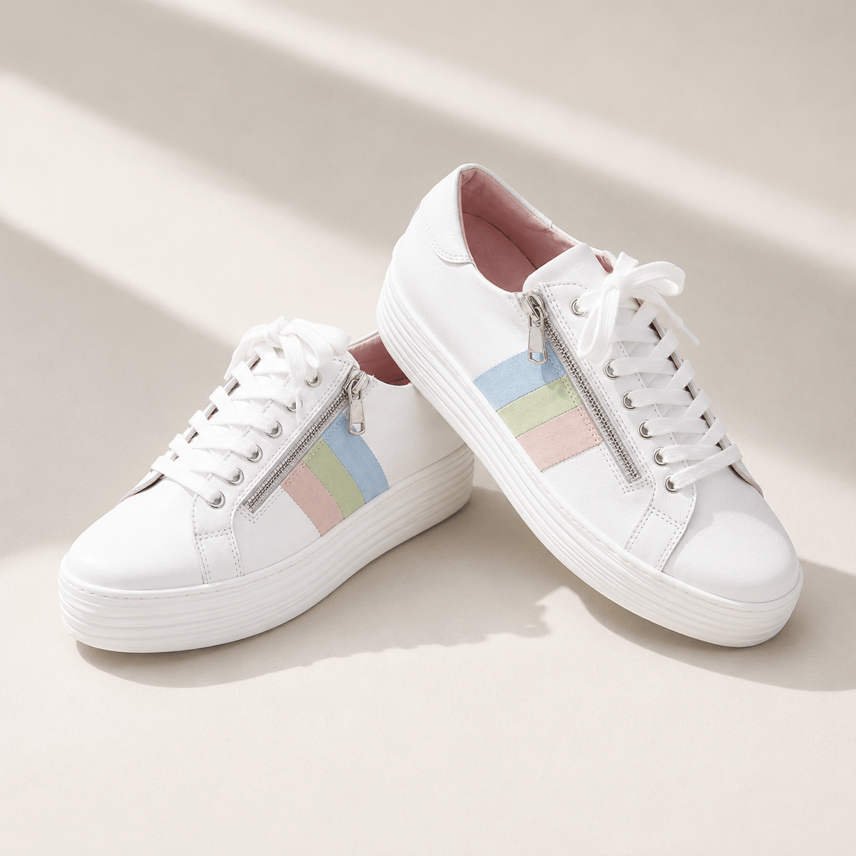 Hero-Stripe: White Leather & Multi Pastel Shoes Sole Bliss