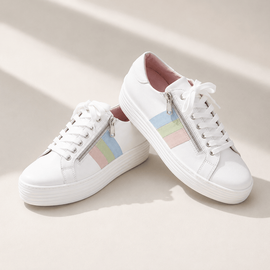 Hero-Stripe: White Leather & Multi Pastel Shoes Sole Bliss