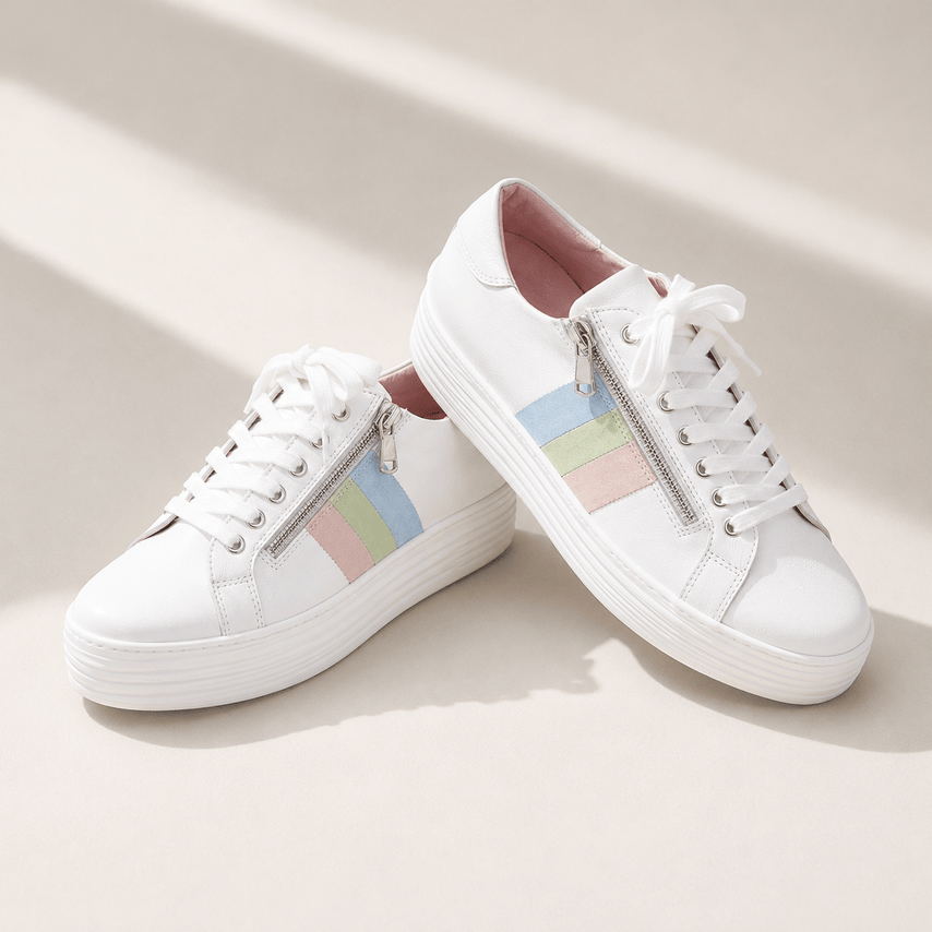 Hero-Stripe: White Leather & Multi Pastel Shoes Sole Bliss