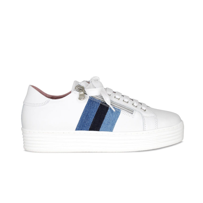 Hero-Stripe: White Leather & Multi Denim Shoes Sole Bliss