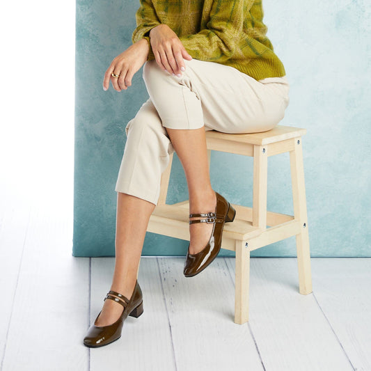 Orla: Khaki Patent Leather Shoes Sole Bliss