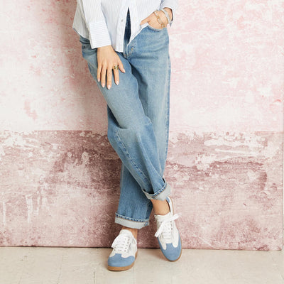 Pixie: White Leather & Denim Suede