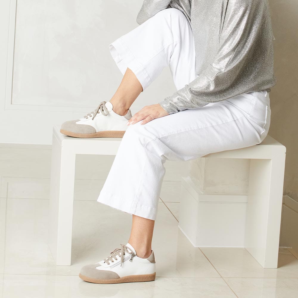 Pixie: White Leather & Taupe Suede Shoes Sole Bliss