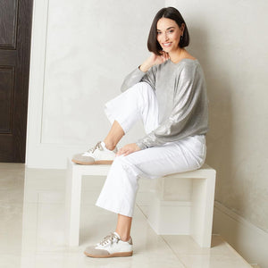 Shoes Pixie: White Leather & Taupe Suede Sole Bliss USA