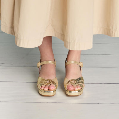 Shoes Roberta: Pale Gold Suede & Snake Print Leather Sole Bliss USA