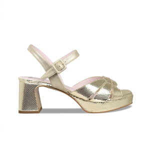 Shoes Roberta: Pale Gold Suede & Snake Print Leather Sole Bliss USA