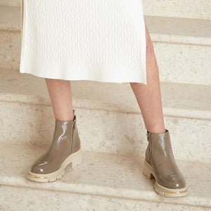 Boots Runway: Taupe Patent Leather Sole Bliss USA