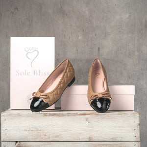 Shoes Royal: Camel Quilted Leather & Black Patent Sole Bliss USA