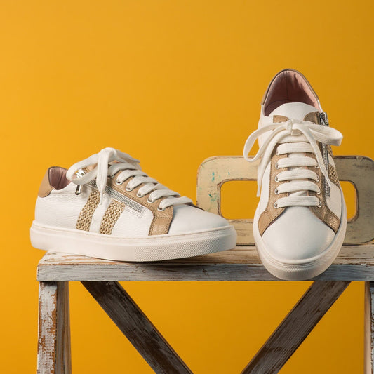 Sprint: White Leather & Raffia Shoes Sole Bliss