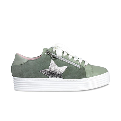 Star: Sage Green Leather & Suede - Sneakers With Zippers Star: Sage Green Leather & Suede - Sneakers With Zippers