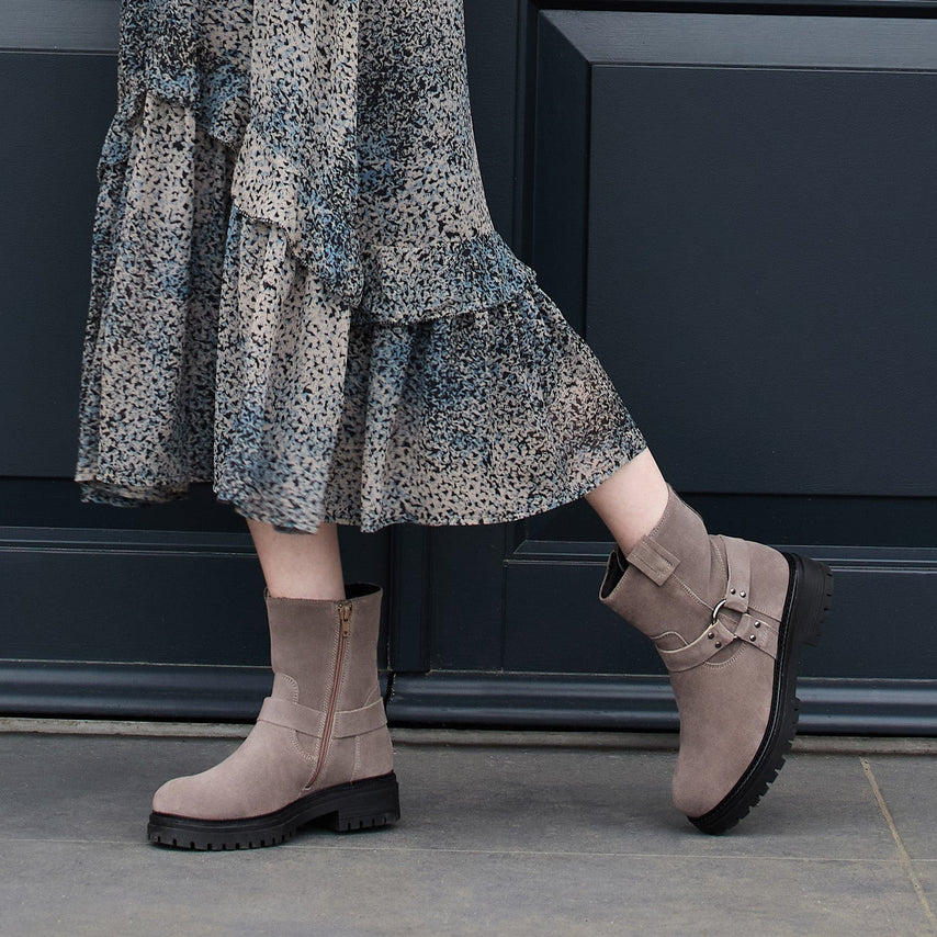 Indie: Taupe Suede & Gunmetal Boots Sole Bliss