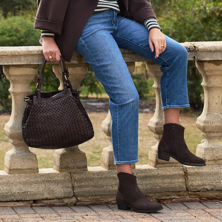 Blaire: Chocolate Brown Weave Leather Bags Sole Bliss Chocolate Weave Leather