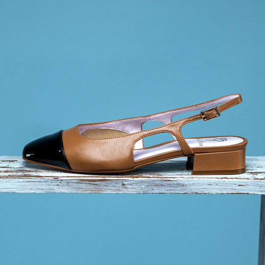 Farrah: Tan Leather & Black Patent