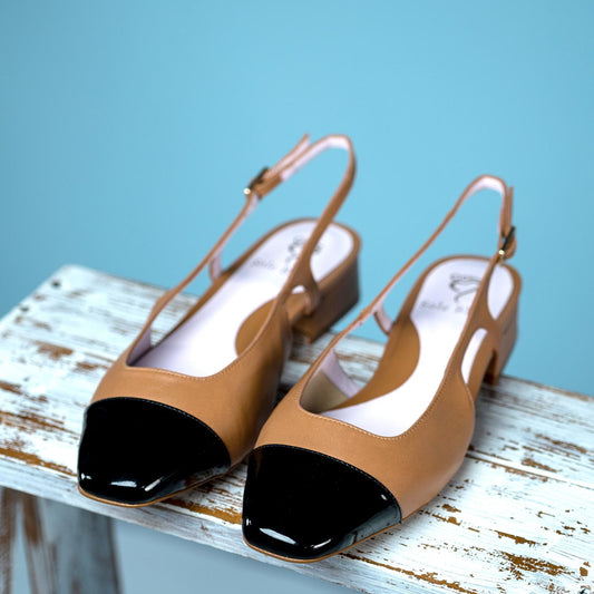 Farrah: Tan Leather & Black Patent Shoes Sole Bliss