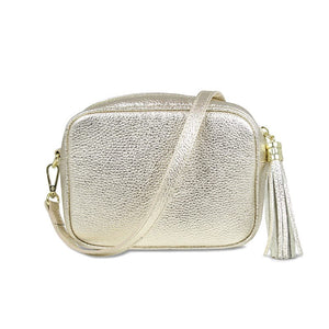 Silver leather tassel cross body bag