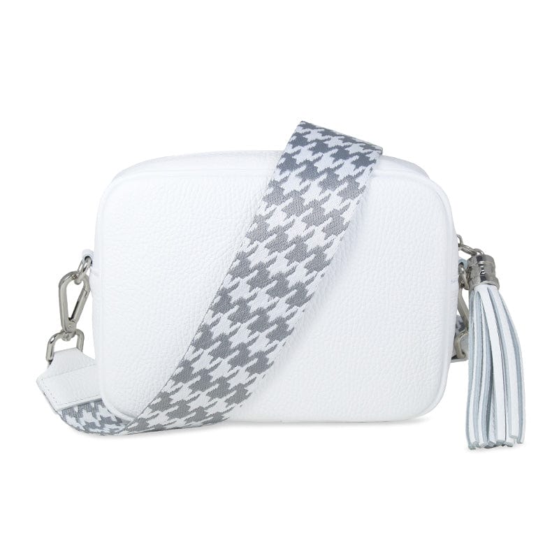 Coco: White Leather & Silver Houndstooth