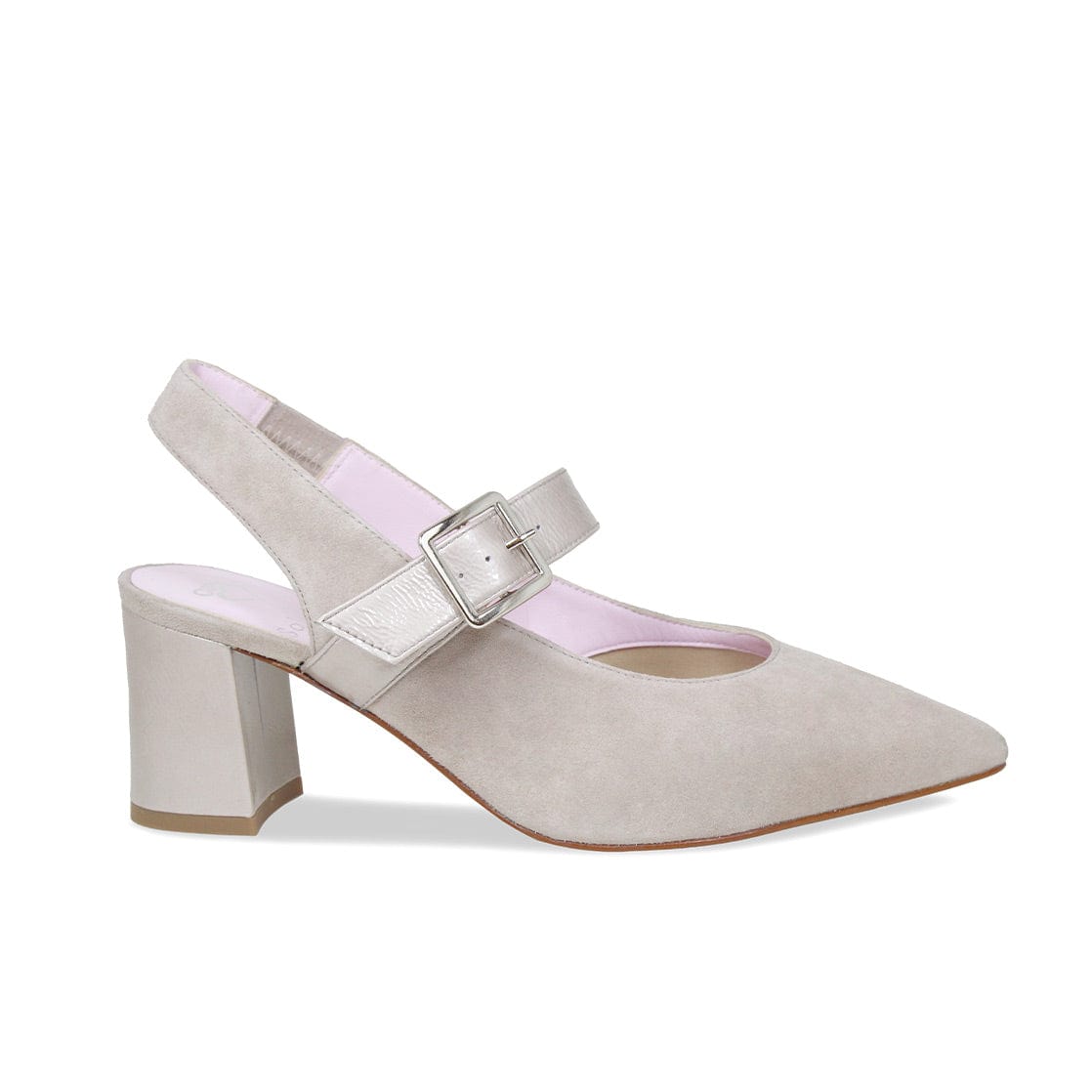 Corinne Pale Taupe Suede Patent Bunion Friendly Heels Sole