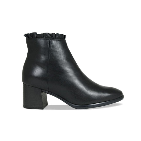 Frill Black Leather Elegant Ankle Boots for Bunions Sole