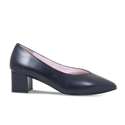 Navy Leather Block Heeled Pumps