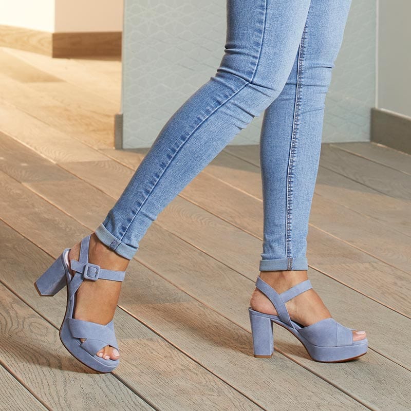 Ruby Sky Blue Suede Wide Platform Heels for Bunions Sole Bliss USA
