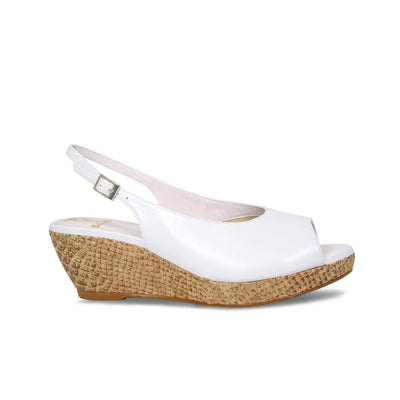White Leather Low Wedge Sandals