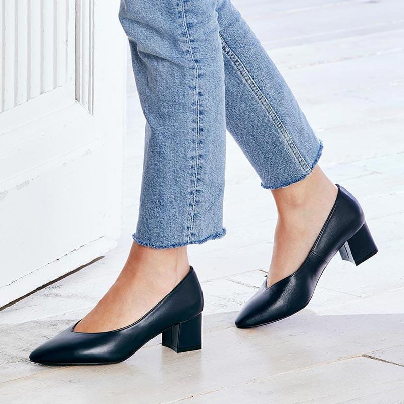 Navy Leather Block Heeled Pumps