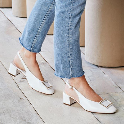White Leather Square Toe Sling-Back Heels